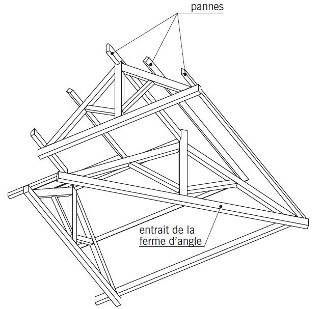 La charpente en bois > Intersection de deux charpentes observée par dessous (chevrons non représentés) La charpente en bois > Intersection de deux charpentes observée par dessous (chevrons non représentés)