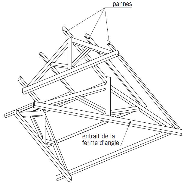 La charpente en bois > Intersection de deux charpentes observée par dessous (chevrons non représentés)